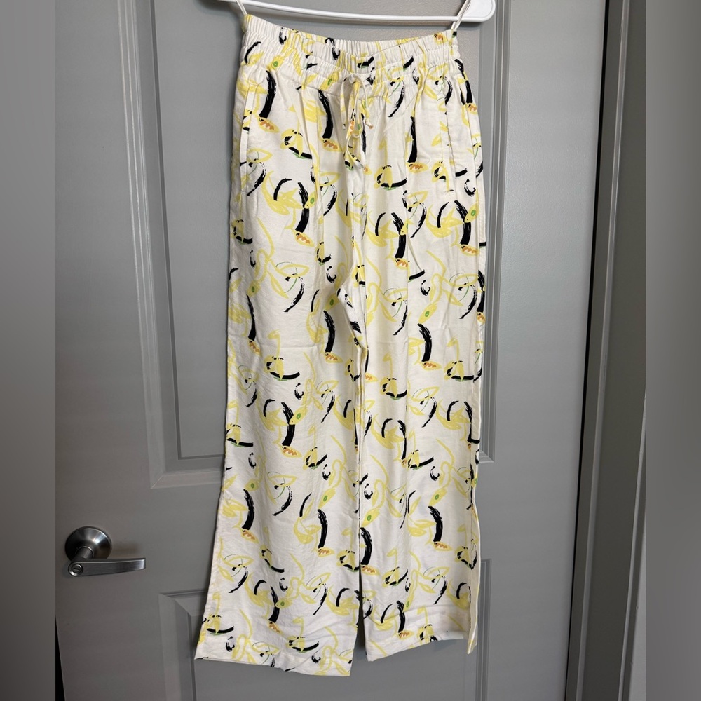 White Wide-Leg Drawstring Pants with Yellow & Black Print